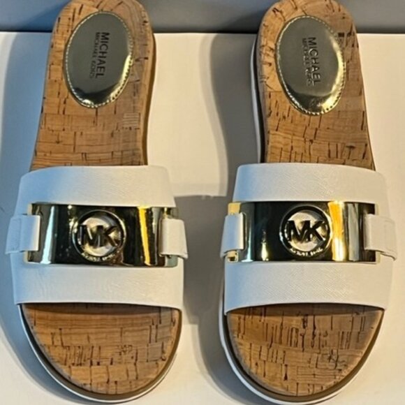 LIKE NEW MICHAEL KORS WHITE SUMMER SANDAL CORK SOLE LEATHER UPPER 8.5 - Picture 1 of 7
